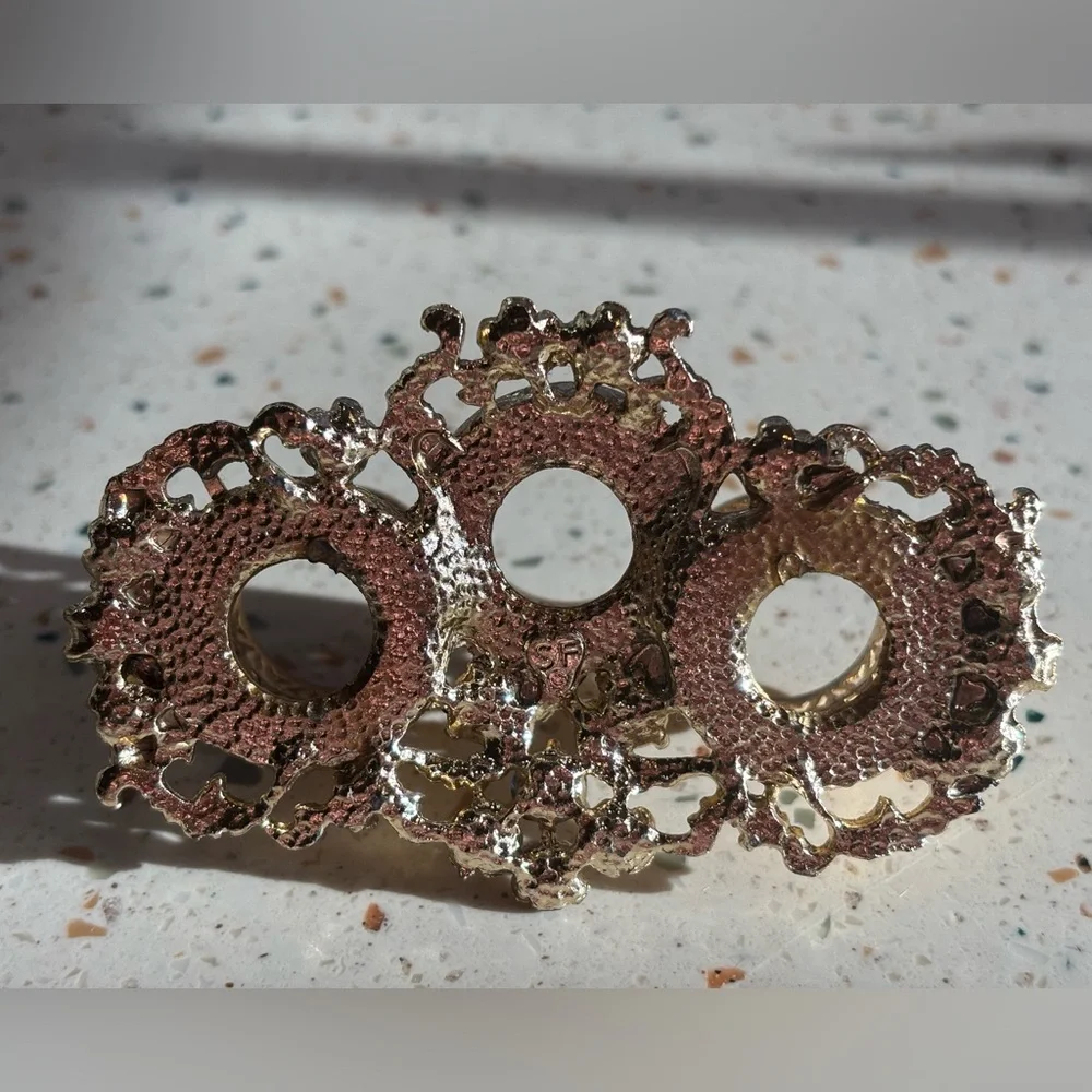 VTG Gold‎ Lipstick Holder Vanity Organizer w/ Rhinestones Filigree Triple Holder